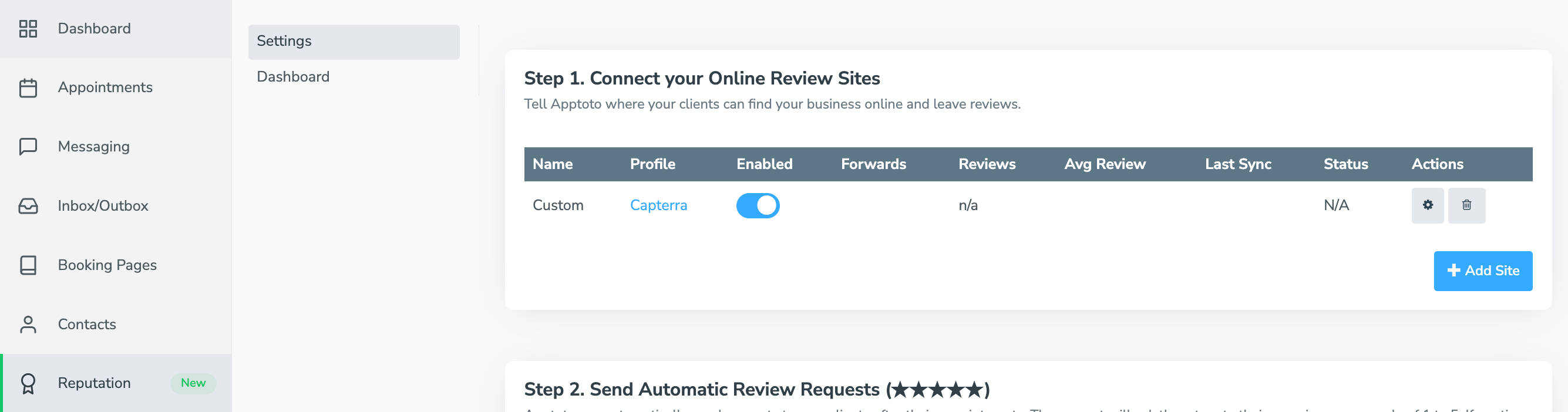 Custom review site as displayed on the Reputation Settings tab in Apptoto